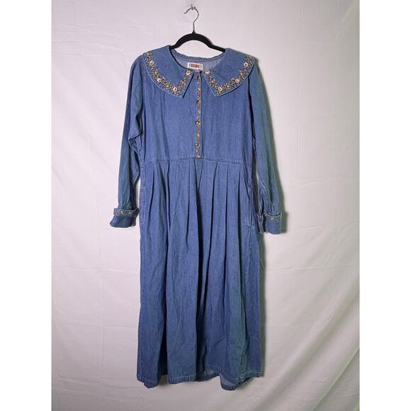 Vintage 90s Fads Blue Denim Maxi Embroidered Floral Dress 1/2 Buttons Women's 12 - Picture 1 of 4